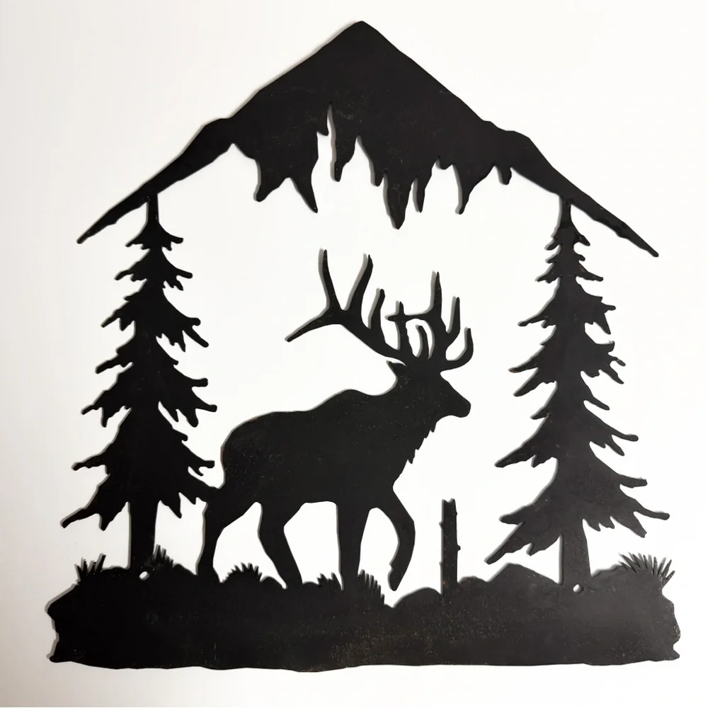 Rustic Elk Metal Wall Art with Trees and Mountains Rust-Finished
